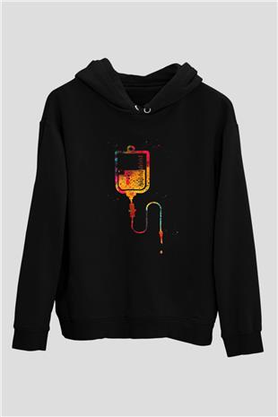 Serum Renkli Baskılı Unisex Siyah Kapüşonlu Sweatshirt