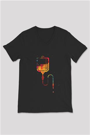 Serum Renkli Baskılı Unisex V Yaka Siyah Tİşört - Tshirt
