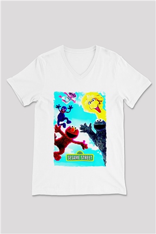Sesame Street Susam Sokağı Beyaz Unisex  V Yaka Tişört