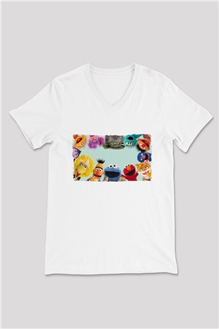 Sesame Street Susam Sokağı Beyaz Unisex  V Yaka Tişört