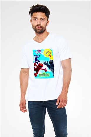 Sesame Street Susam Sokağı Beyaz Unisex  V Yaka Tişört