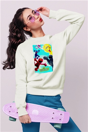 Sesame Street Susam Sokağı Beyaz Unisex  Sweatshirt