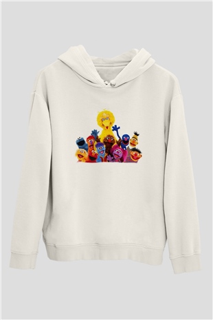 Sesame Street Susam Sokağı Beyaz Unisex Kapşonlu Sweatshirt