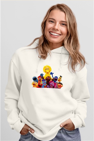 Sesame Street Susam Sokağı Beyaz Unisex Kapşonlu Sweatshirt