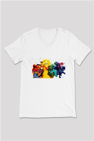 Sesame Street Susam Sokağı Beyaz Unisex  V Yaka Tişört