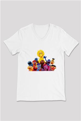 Sesame Street Susam Sokağı Beyaz Unisex V Yaka Tişört