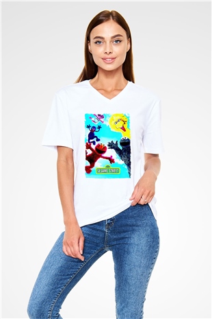 Sesame Street Susam Sokağı Beyaz Unisex  V Yaka Tişört