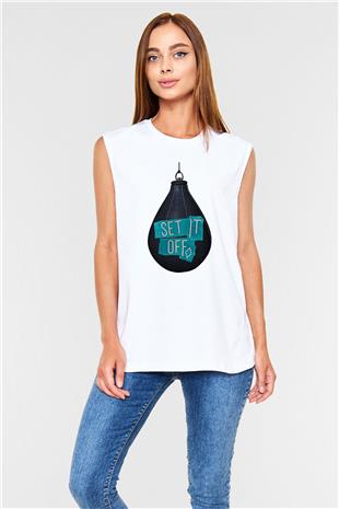 Set it off  Baskılı Beyaz Unisex Kolsuz Tişört - Tshirt