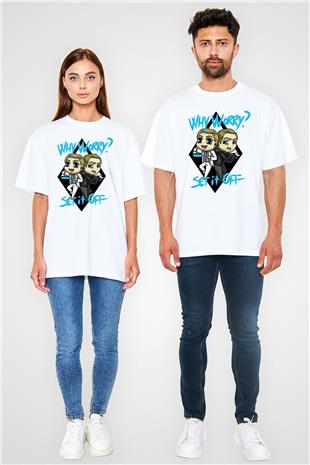 Set it off  Baskılı Beyaz Unisex Oversize Tişört - Tshirt