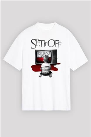 Set it off  Baskılı Beyaz Unisex Oversize Tişört - Tshirt