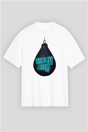 Set it off  Baskılı Beyaz Unisex Oversize Tişört - Tshirt
