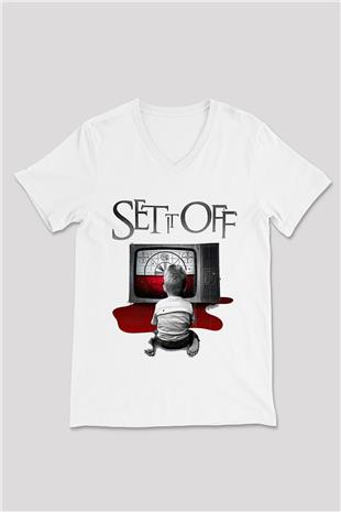Set it off  Baskılı Beyaz Unisex V Yaka Tişört - Tshirt