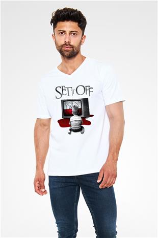 Set it off  Baskılı Beyaz Unisex V Yaka Tişört - Tshirt
