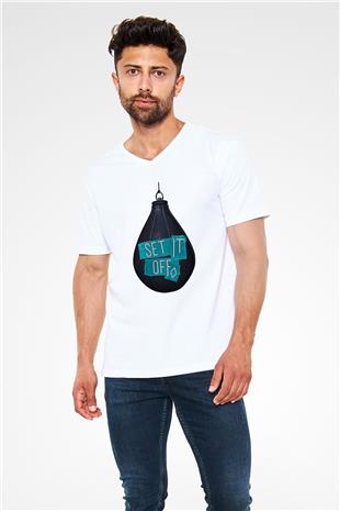 Set it off  Baskılı Beyaz Unisex V Yaka Tişört - Tshirt