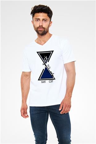 Set it off  Baskılı Beyaz Unisex V Yaka Tişört - Tshirt