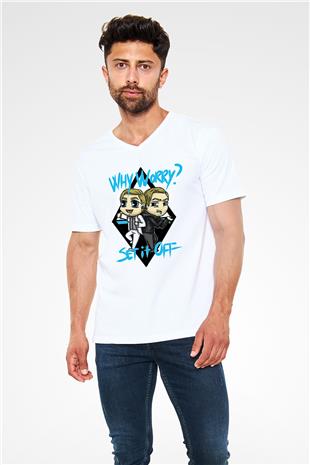 Set it off  Baskılı Beyaz Unisex V Yaka Tişört - Tshirt