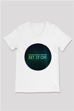 Set it off  Baskılı Beyaz Unisex V Yaka Tişört - Tshirt