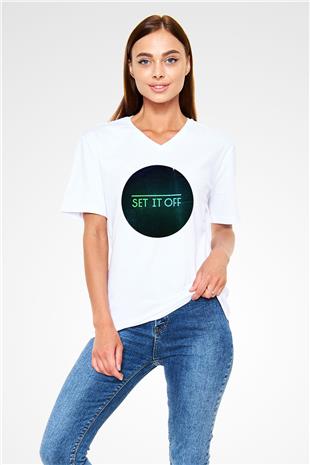 Set it off  Baskılı Beyaz Unisex V Yaka Tişört - Tshirt