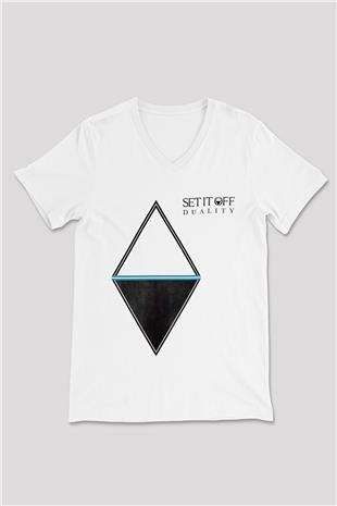 Set it off  Baskılı Beyaz Unisex V Yaka Tişört - Tshirt