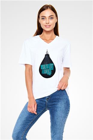 Set it off  Baskılı Beyaz Unisex V Yaka Tişört - Tshirt