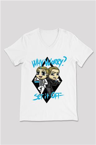 Set it off  Baskılı Beyaz Unisex V Yaka Tişört - Tshirt