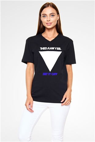 Set it off Baskılı Unisex Siyah V Yaka Tişört - Tshirt