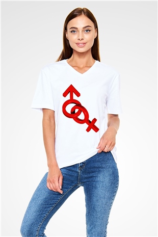 Sevgililer Günü Beyaz Unisex V Yaka Tişört T-Shirt