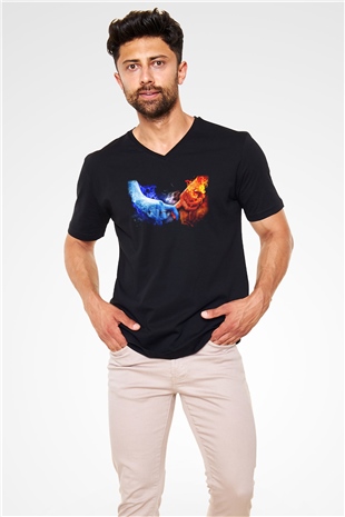 Sevgililer Günü Siyah Unisex V Yaka Tişört T-Shirt