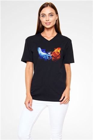 Sevgililer Günü Siyah Unisex V Yaka Tişört T-Shirt