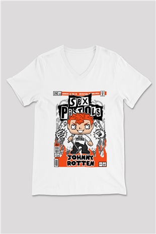 SexPistols Johnny Rotten Baskılı Unisex Beyaz V Yaka Tişört