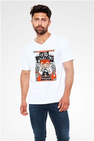 SexPistols Johnny Rotten Baskılı Unisex Beyaz V Yaka Tişört