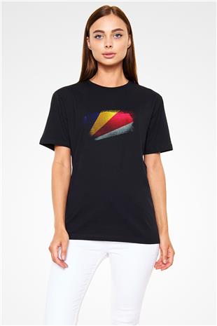 Seyşeller - Seychelles Bayrağı Baskılı Unisex Siyah Tişört