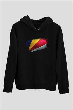 Seyşeller - Seychelles Bayrağı Baskılı Unisex Siyah Kapüşonlu Sweatshirt