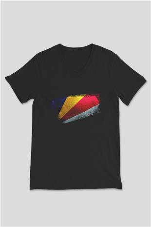 Seyşeller - Seychelles Bayrağı Baskılı Unisex Siyah V Yaka Tişört