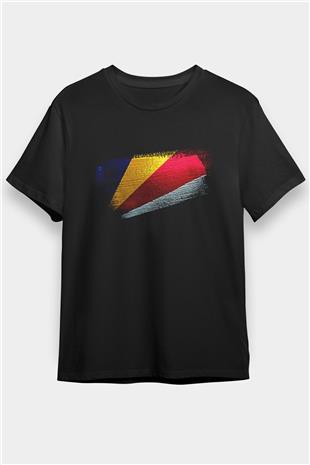 Seyşeller - Seychelles Bayrağı Baskılı Unisex Siyah Tişört