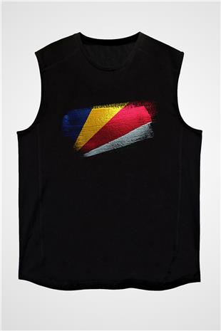 Seyşeller - Seychelles Bayrağı Baskılı Unisex Siyah Kolsuz Tişört