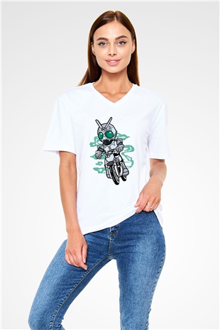 Shadowmoon Motocross Rider Baskılı Beyaz Unisex V Yaka Tişört