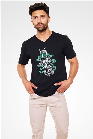 Shadowmoon Motocross Rider Baskılı Siyah Unisex V Yaka Tişört