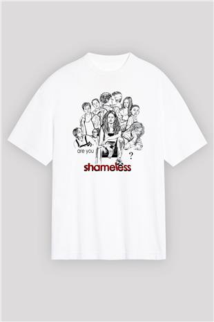 Shameless Baskılı Beyaz Unisex Oversize Tişört - Tshirt