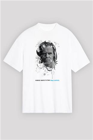 Shameless Baskılı Beyaz Unisex Oversize Tişört - Tshirt