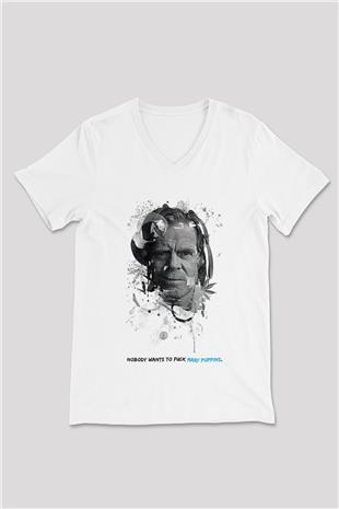 Shameless Baskılı Beyaz Unisex V Yaka Tişört - Tshirt