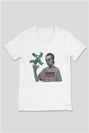 Shameless Baskılı Beyaz Unisex V Yaka Tişört - Tshirt