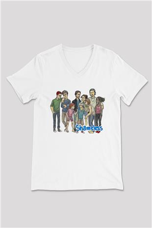 Shameless Baskılı Beyaz Unisex V Yaka Tişört - Tshirt