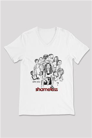 Shameless Baskılı Beyaz Unisex V Yaka Tişört - Tshirt
