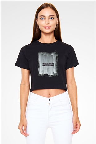 Shamrain Baskılı Siyah Crop Top Kadın Tişört - Tshirt