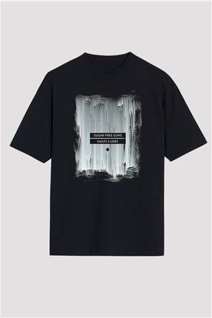 Shamrain Baskılı Unisex Siyah Oversize Tişört - Tshirt