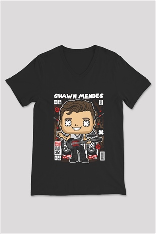 Shawn Mendes Baskılı Unisex Siyah V Yaka Tişört