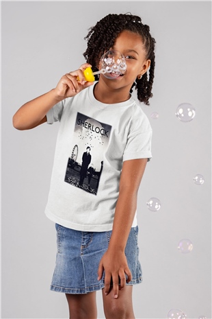 Sherlock Baskılı Beyaz Unisex Çocuk Tişört