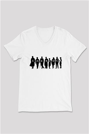 Sherlock Beyaz Unisex V Yaka Tişört T-Shirt