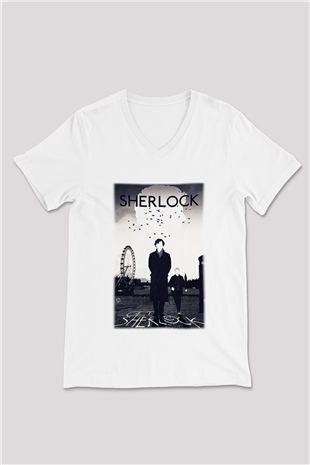 Sherlock Beyaz Unisex V Yaka Tişört T-Shirt